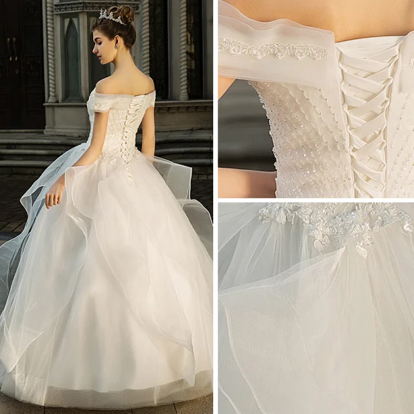 Élégant Ivoire Robe De Mariée 2018 Robe Boule Dentelle Perlage Cristal Paillettes Volants en Cascade De l'épaule Dos Nu Sans Manches Longue Mariage