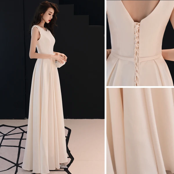 Elegant Ensfarget Champagne Selskapskjoler 2019 Prinsesse Scoop Halsen Perle Rhinestone Uten Ermer Lange Formelle Kjoler