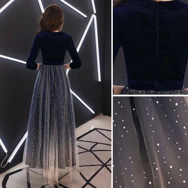 Elegant Navy Blue Evening Dresses  2019 A-Line / Princess V-Neck Suede Star Bow 3/4 Sleeve Floor-Length / Long Formal Dresses