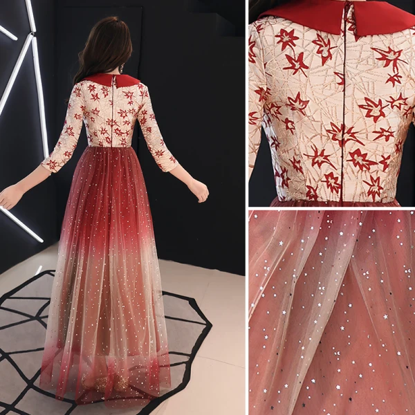 Charming Gradient-Color Burgundy Evening Dresses  2019 A-Line / Princess V-Neck Lace Star 3/4 Sleeve Floor-Length / Long Formal Dresses