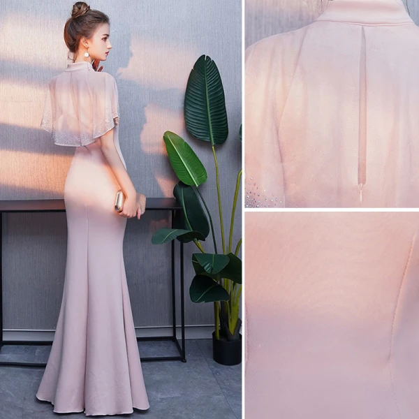 Élégant Rougissant Rose Robe De Soirée 2019 Trompette / Sirène Col Haut Faux Diamant Manches Courtes Fendue devant Longue Robe De Ceremonie