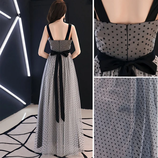 Chic / Beautiful Grey Evening Dresses 2019 A-Line / Princess V-Neck Bow Spotted Sleeveless Backless Floor-Length / Long Formal Dresses