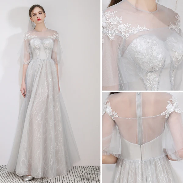 Elegant Grey Evening Dresses  2019 A-Line / Princess Scoop Neck Appliques Lace Flower 1/2 Sleeves Floor-Length / Long Formal Dresses