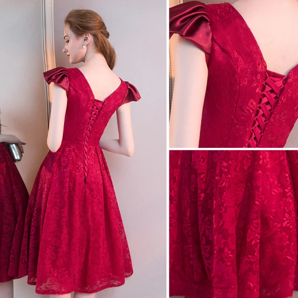 Chic / Beautiful Burgundy Homecoming Graduation Dresses 2019 A-Line / Princess Deep V-Neck Beading Lace Flower Cap Sleeves Backless Tea-length Formal Dresses