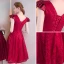 Chic / Beautiful Burgundy Homecoming Graduation Dresses 2019 A-Line / Princess Deep V-Neck Beading Lace Flower Cap Sleeves Backless Tea-length Formal Dresses
