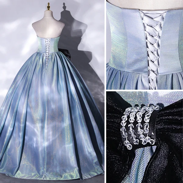 Illusion Sky Blue Prom Dresses 2021 Ball Gown Strapless Bow Sleeveless Backless Floor-Length / Long Formal Dresses