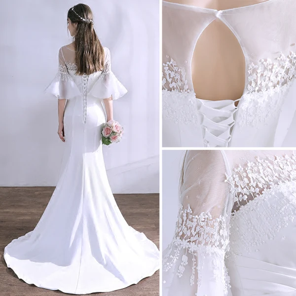 Amazing / Unique White Wedding Dresses 2018 Trumpet / Mermaid Appliques Scoop Neck Backless 3/4 Sleeve Wedding