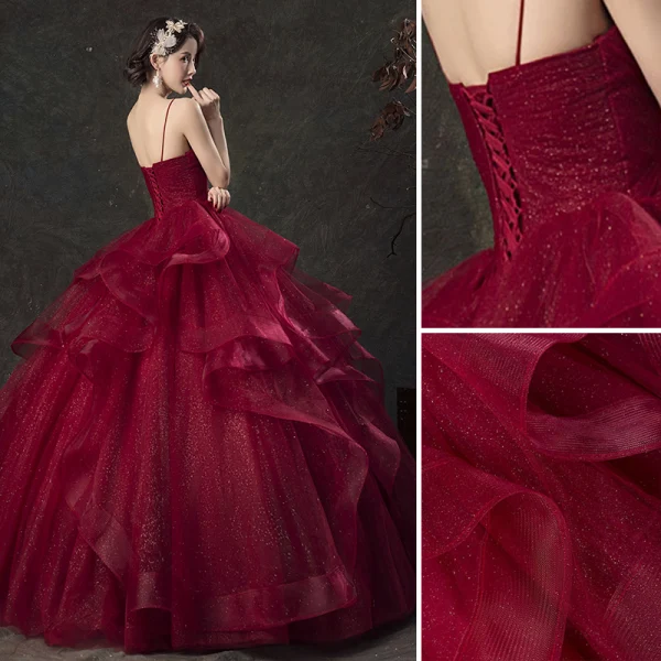 Charming Quinceañera Burgundy Prom Dresses 2019 Ball Gown Spaghetti Straps Glitter Sleeveless Backless Cascading Ruffles Floor-Length / Long Formal Dresses