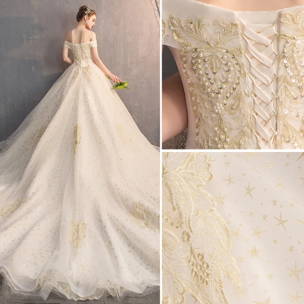 Charmant Champagne Robe De Mariée 2019 Princesse De l'épaule Étoile En Dentelle Fleur Perle Paillettes Manches Courtes Dos Nu Royal Train