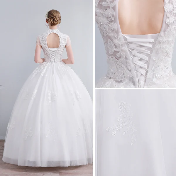 Elegant White Wedding Dresses 2019 Ball Gown High Neck Lace Flower Sequins Short Sleeve Backless Floor-Length / Long