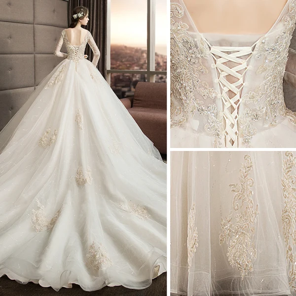 Audrey Hepburn Style Ivory Wedding Dresses 2019 Ball Gown Scoop Neck Beading Sequins Lace Flower Long Sleeve Backless Royal Train