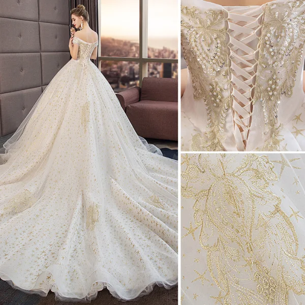 Elegant Ivory Wedding Dresses 2019 Ball Gown Off-The-Shoulder Lace Flower Star Beading Pearl Sequins Short Sleeve Backless Royal Train