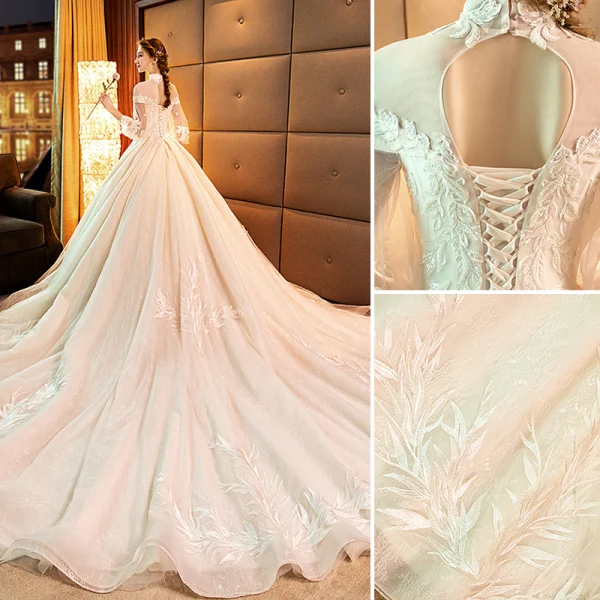 Charming Champagne Wedding Dresses 2019 Ball Gown High Neck Beading Crystal Lace Flower Long Sleeve Backless Royal Train