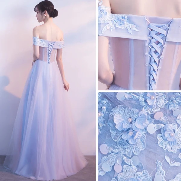 Schöne Himmelblau Brautjungfernkleider 2018 A Linie Mit Spitze Applikationen Perle Off Shoulder Rückenfreies Ärmellos Lange Kleider Für Hochzeit