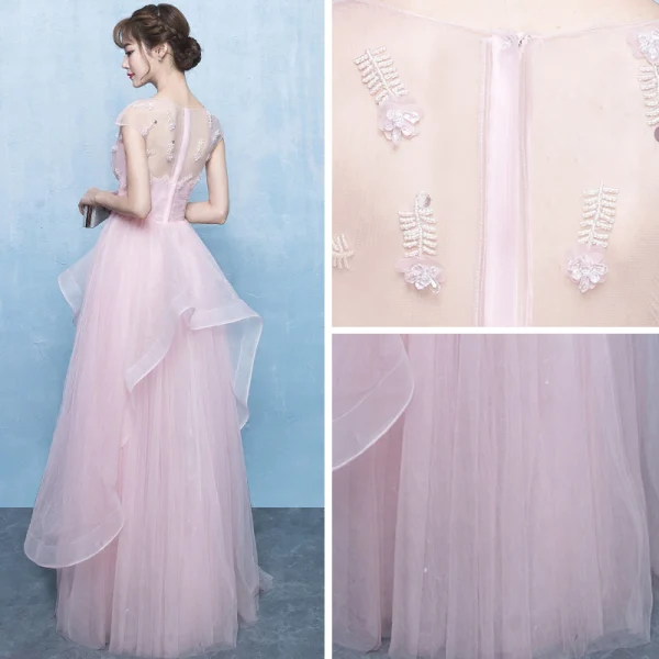 Flotte Lyserød Gallakjoler 2018 Prinsesse Beading Cascading Flæser Scoop Neck Ærmeløs Lange Galla Kjoler