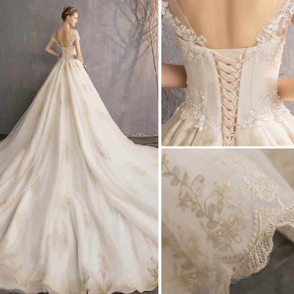 Élégant Champagne Robe De Mariée 2019 Princesse Encolure Dégagée Volants Perlage Perle En Dentelle Fleur Manches Courtes Dos Nu Royal Train