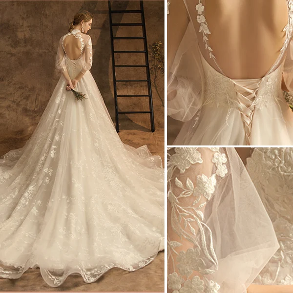Elegant Champagne Wedding Dresses 2019 A-Line / Princess High Neck Lace Flower 3/4 Sleeve Backless Chapel Train