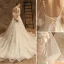 Elegant Champagne Wedding Dresses 2019 A-Line / Princess High Neck Lace Flower 3/4 Sleeve Backless Chapel Train