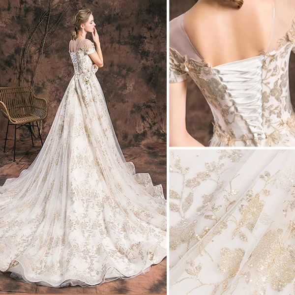 Charming Champagne 2019 Wedding Dresses A-Line / Princess Scoop Neck Lace Flower Glitter Tulle Short Sleeve Backless Cathedral Train