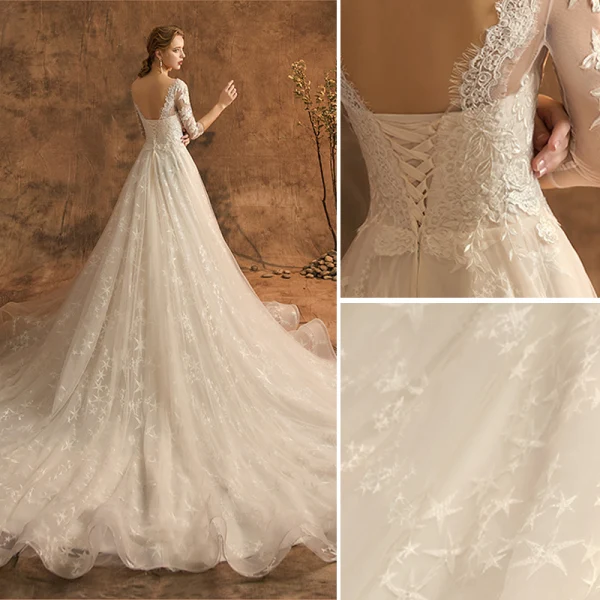 Élégant Champagne Robe De Mariée 2019 Princesse Encolure Dégagée En Dentelle Fleur Étoile 3/4 Manches Dos Nu Chapel Train