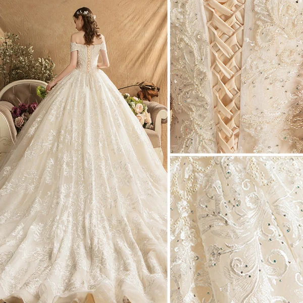 Luxury / Gorgeous Champagne Wedding Dresses 2019 Ball Gown Off-The-Shoulder Beading Pearl Rhinestone Lace Flower Short Sleeve Backless Royal Train