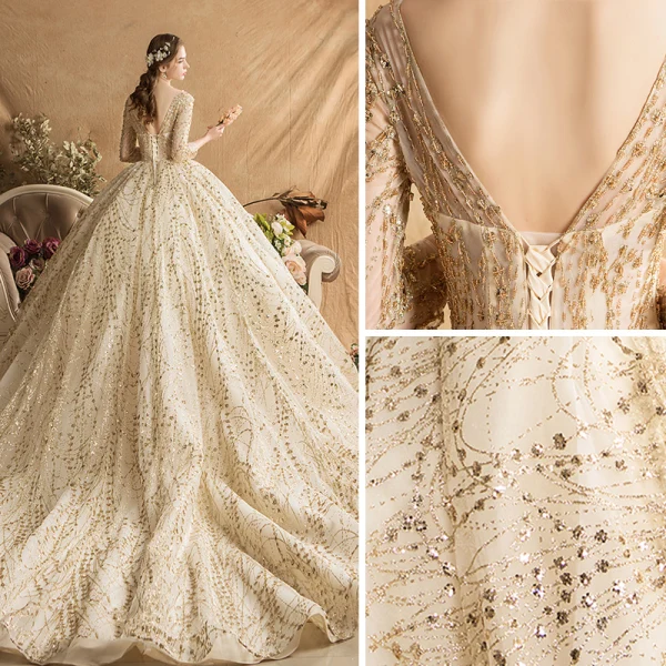 Luxury / Gorgeous Gold Wedding Dresses 2019 Ball Gown Square Neckline Glitter Tulle Beading Sequins Crystal 3/4 Sleeve Backless Royal Train