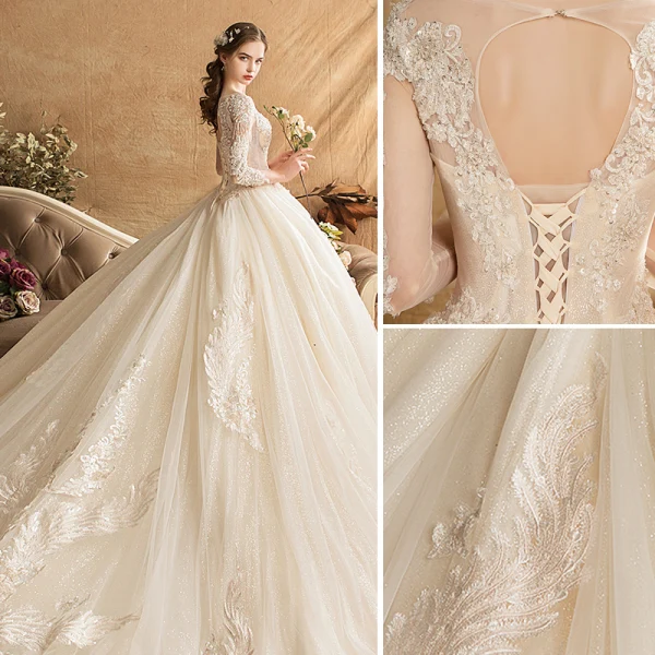 Luxe Champagne Robe De Mariée 2019 Robe Boule Encolure Dégagée Perlage Cristal Gland Paillettes En Dentelle Fleur 3/4 Manches Dos Nu Royal Train