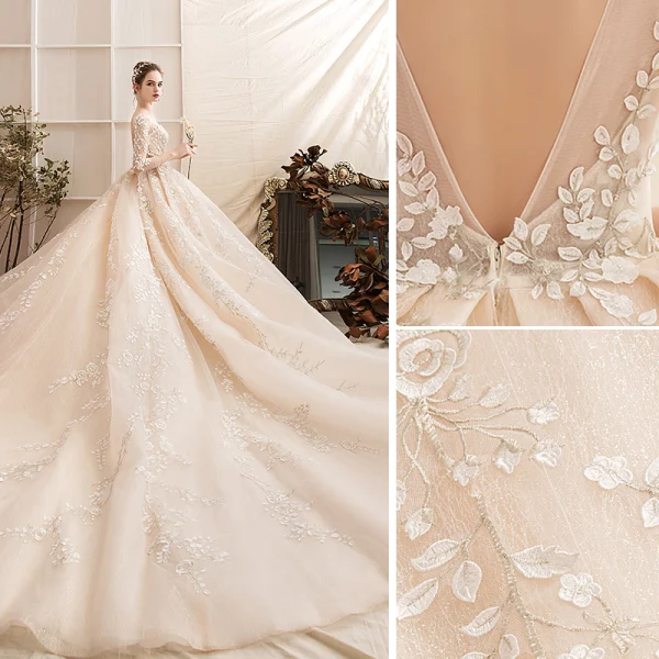 Luxury / Gorgeous Champagne Wedding Dresses 2019 Ball Gown Scoop Neck Handmade Beading Lace Flower Crystal 3/4 Sleeve Backless Royal Train