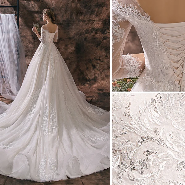 Elegante Ivory / Creme Brautkleider / Hochzeitskleider 2019 A Linie Rundhalsausschnitt Pailletten Spitze Blumen Quaste 3/4 Ärmel Rückenfreies Kathedrale Schleppe