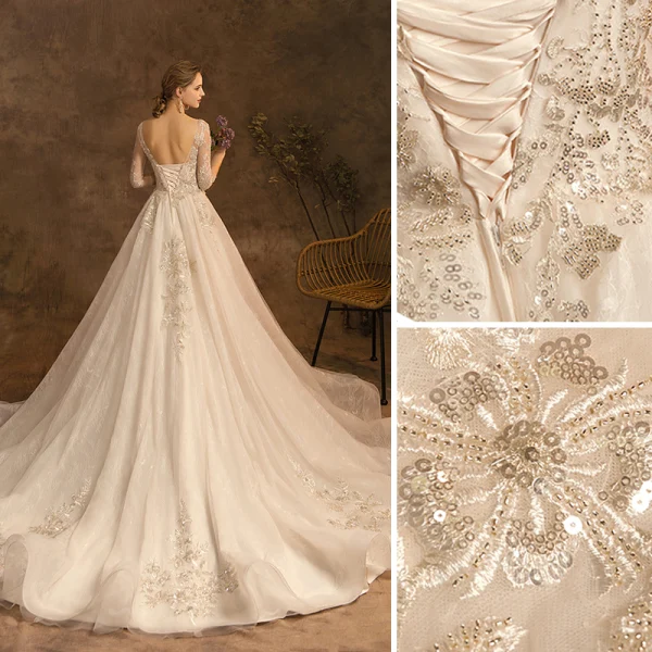 Charming Champagne Wedding Dresses 2019 A-Line / Princess Scoop Neck Beading Lace Flower Sequins 3/4 Sleeve Backless Cathedral Train Wedding