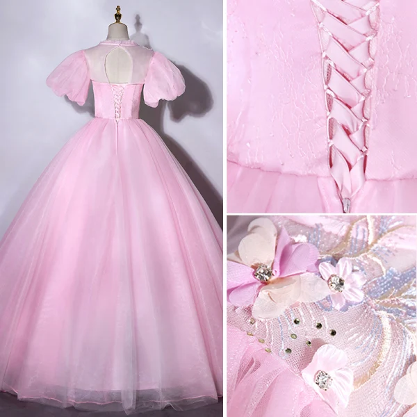 Elegant Candy Pink Prom Dresses 2021 Scoop Neck Pearl Rhinestone Lace Flower Short Sleeve Backless Floor-Length / Long Formal Dresses