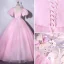 Elegant Candy Pink Prom Dresses 2021 Scoop Neck Pearl Rhinestone Lace Flower Short Sleeve Backless Floor-Length / Long Formal Dresses