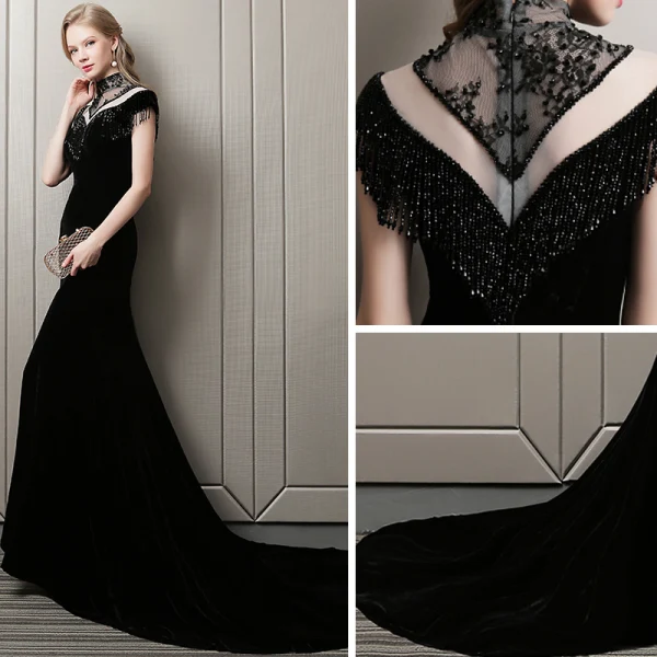 Stunning Black Evening Dresses  2018 Trumpet / Mermaid Beading Tassel Suede High Neck Short Sleeve Court Train Formal Dresses