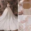 Elegant Champagne Wedding Dresses 2019 Ball Gown Scoop Neck Lace Flower Short Sleeve Backless Royal Train