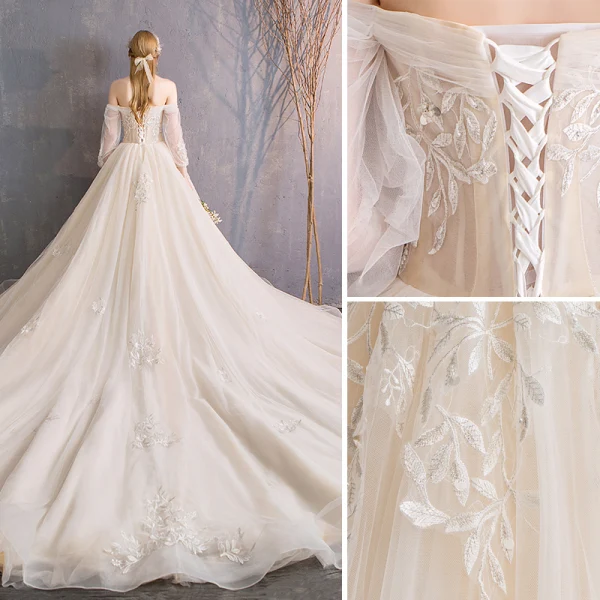 Audrey Hepburn Style Champagne Wedding Dresses 2019 Ball Gown 3/4 Sleeve Beading Sequins Crystal Flower Lace Off-The-Shoulder Backless Royal Train