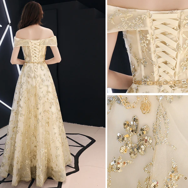 Modern / Fashion Gold Evening Dresses 2019 A-Line / Princess Off-The-Shoulder Glitter Sequins Metal Sash Short Sleeve Backless Floor-Length / Long Formal Dresses