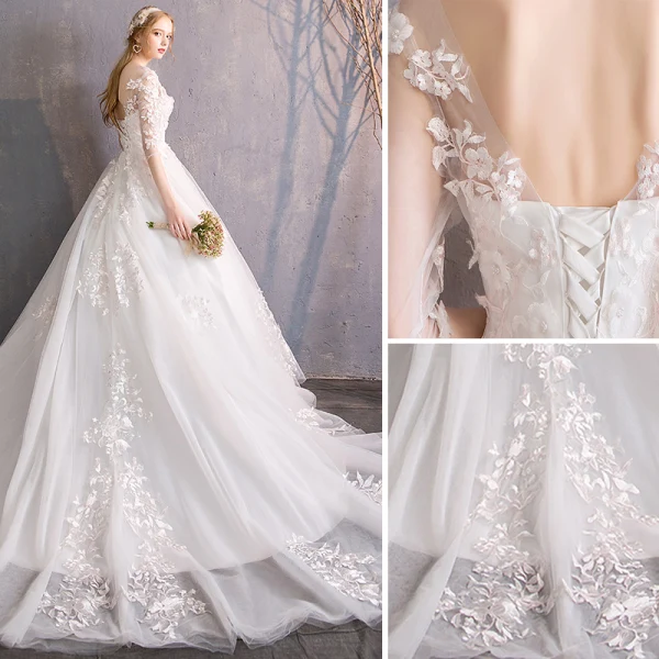 Élégant Ivoire Robe De Mariée 2019 Princesse Encolure Dégagée Appliques En Dentelle Fleur Perle 3/4 Manches Dos Nu Cathedral Train