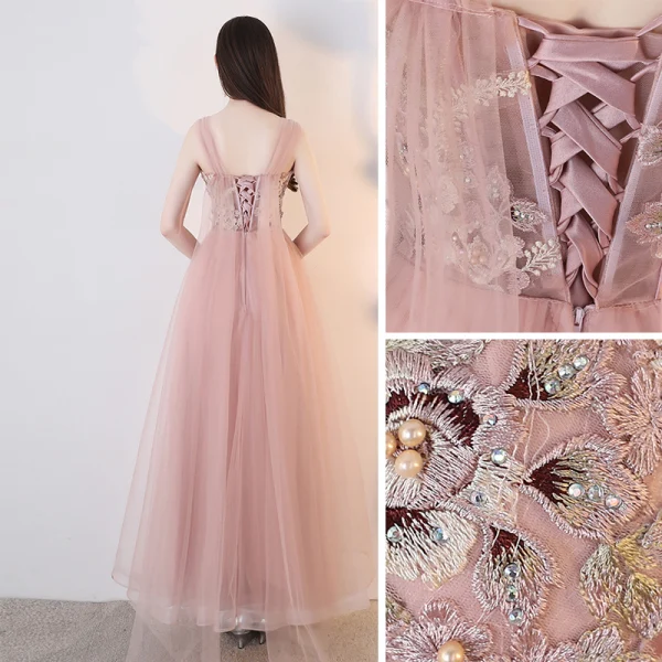 Elegant Blushing Pink Homecoming Graduation Dresses 2019 A-Line / Princess Lace Flower Pearl Rhinestone Backless Floor-Length / Long Formal Dresses