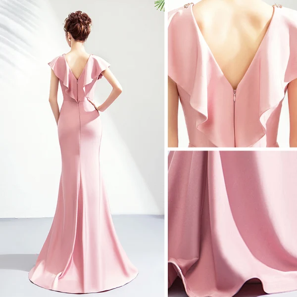 Chic / Beautiful Blushing Pink Evening Dresses 2019 Trumpet / Mermaid V-Neck Crystal Rhinestone Short Sleeve Backless Floor-Length / Long Formal Dresses