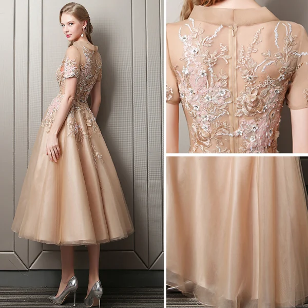 Chic / Beautiful Champagne Homecoming Graduation Dresses 2018 A-Line / Princess Lace Appliques Rhinestone Sequins Scoop Neck Short Sleeve Tea-length Formal Dresses
