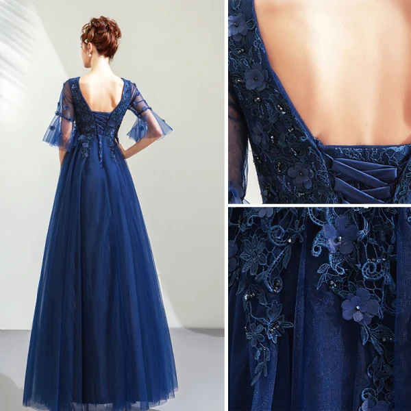 Elegant Navy Blue Prom Dresses 2019 A-Line / Princess V-Neck Beading Crystal Lace Flower Appliques 1/2 Sleeves Backless Floor-Length / Long Formal Dresses