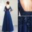 Elegant Navy Blue Prom Dresses 2019 A-Line / Princess V-Neck Beading Crystal Lace Flower Appliques 1/2 Sleeves Backless Floor-Length / Long Formal Dresses