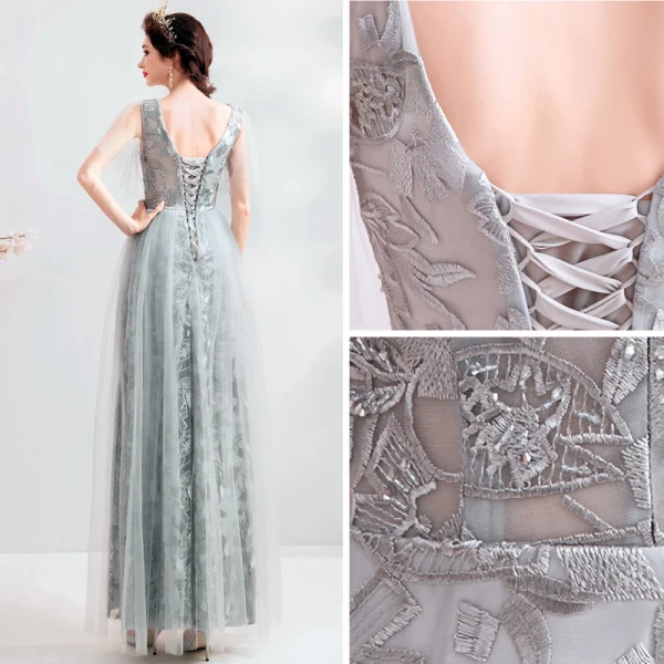 Chic / Belle Gris Robe De Soirée 2019 Princesse V-Cou Perlage Cristal En Dentelle Fleur Sans Manches Dos Nu Longue Robe De Ceremonie