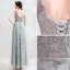 Chic / Belle Gris Robe De Soirée 2019 Princesse V-Cou Perlage Cristal En Dentelle Fleur Sans Manches Dos Nu Longue Robe De Ceremonie