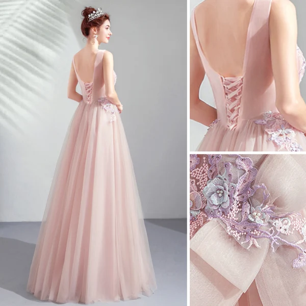 Élégant Perle Rose Robe De Soirée 2019 Princesse Encolure Dégagée Appliques En Dentelle Fleur Noeud Perlage Perle Faux Diamant Sans Manches Dos Nu Longue Robe De Ceremonie