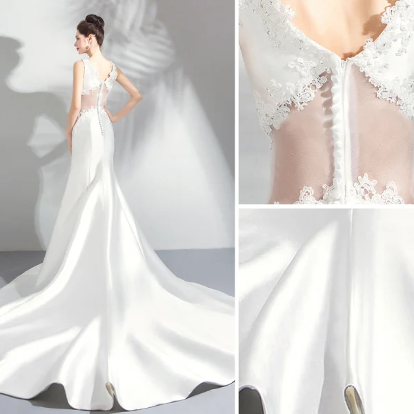 Charmant Ivoire Robe De Soirée 2019 Trompette / Sirène Sans Manches Cristal Paillettes En Dentelle Fleur V-Cou Dos Nu Cathedral Train Robe De Ceremonie