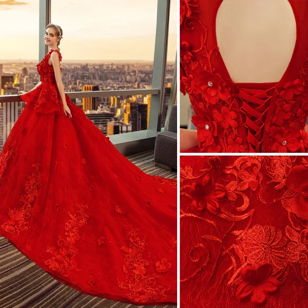 Snygga / Fina Röd Bröllopsklänningar 2019 Balklänning Urringning Spets Blomma Appliqués Rhinestone Ärmlös Halterneck Royal Train