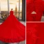 Chinese style Muslim Red Wedding Dresses 2019 A-Line / Princess High Neck Beading Appliques Lace Flower Long Sleeve Royal Train