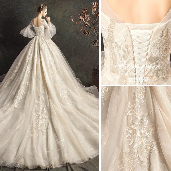 Élégant Champagne Robe De Mariée 2019 Robe Boule V-Cou En Dentelle Fleur Manches de cloche Dos Nu Cathedral Train