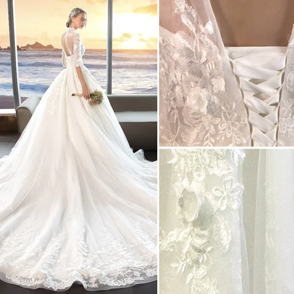 Chinese style Ivory Wedding Dresses 2019 A-Line / Princess High Neck Appliques Lace Flower Pearl 1/2 Sleeves Backless Cathedral Train